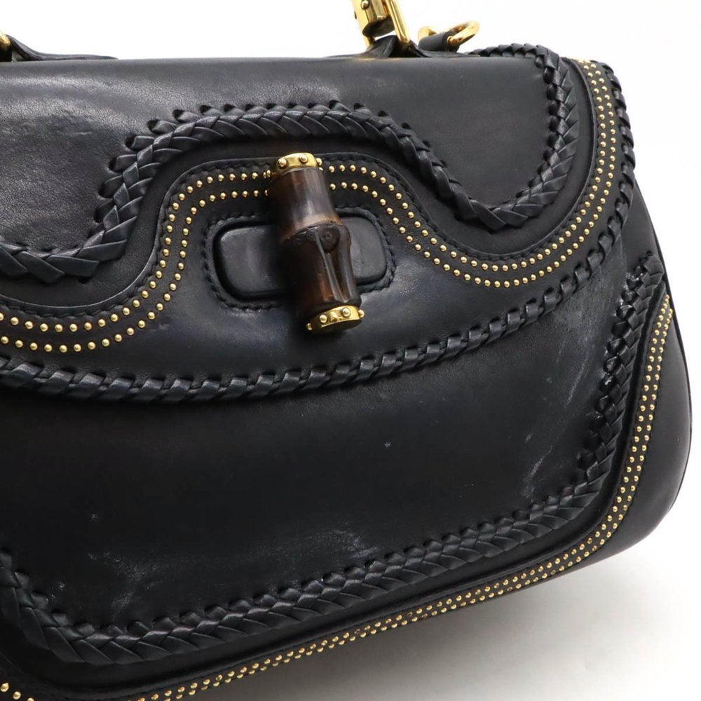 GUCCI New Bamboo Handbag Shoulder Bag Studs Tassel Leather Black 263959 - Picture 6 of 10